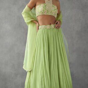 Green Lehenga Georgette Crepe Applique Floral Halter Embroidered Blouse Set